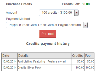 Credits ordering and usage history page