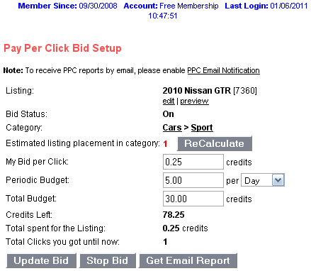 Pay-per-click bid details settings - budgets, listing position/placement estimation, start/stop bidding